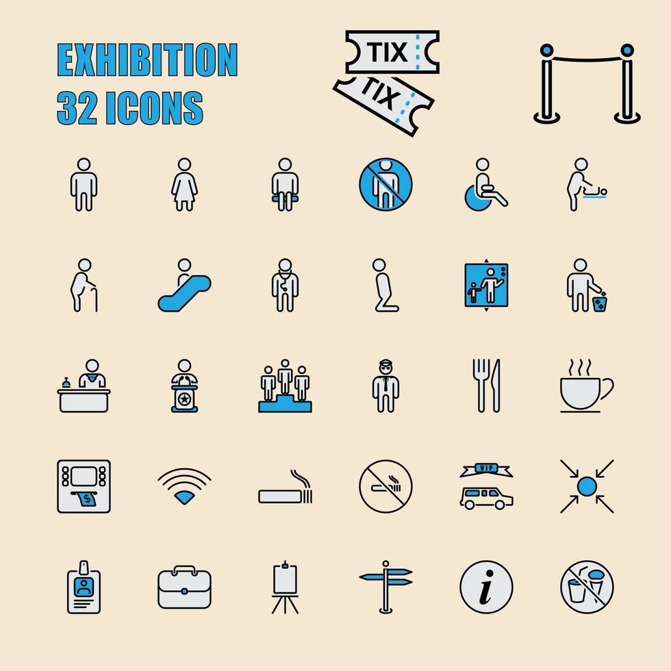 Ausstellung und Community Vektor dünne Linie 64x64 Pixel 32 Icon Set