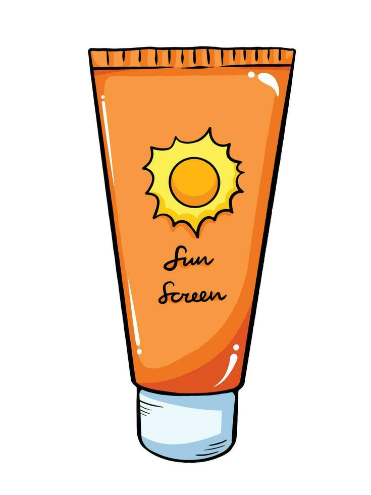 Sonne Bildschirm Vektor Illustration mit Orange farbig Verpackung isoliert auf Vertikale Weiß Hintergrund. einfach eben umrissen Karikatur Kunst gestylt Zeichnung.