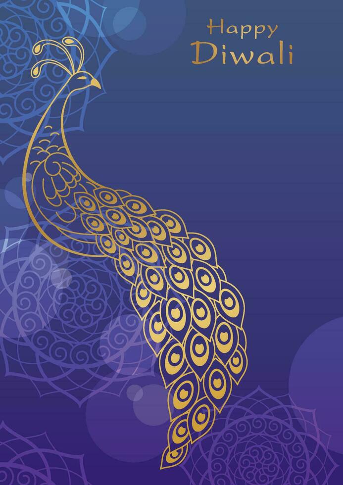 Lycklig diwali vektor bakgrund illustration med en guld påfågel och text Plats.