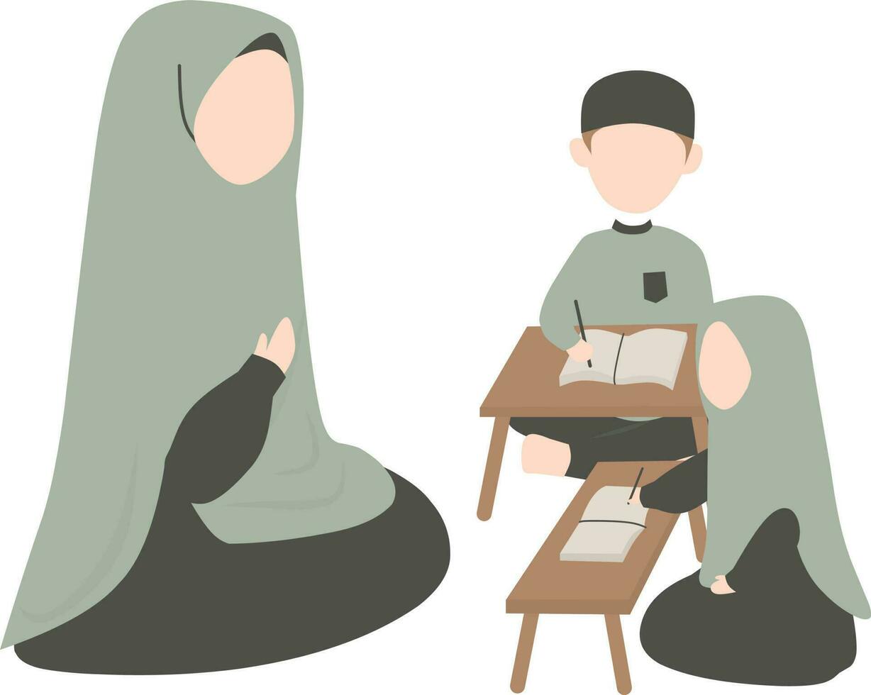 Muslim Mann und Frau im traditionell Kleider lesen Koran. Vektor Illustration.