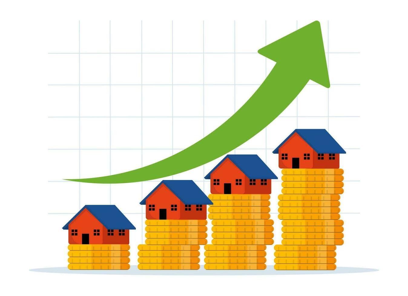 Zuhause echt Nachlass Preise sind zunehmend. investieren im Gebäude und Häuser. Haus Preis steigend Pfeil Diagramm. Haus Gebäude auf Stapel von Dollar Münzen und tief Pfeil. eben Illustration auf Weiß Hintergrund. vektor