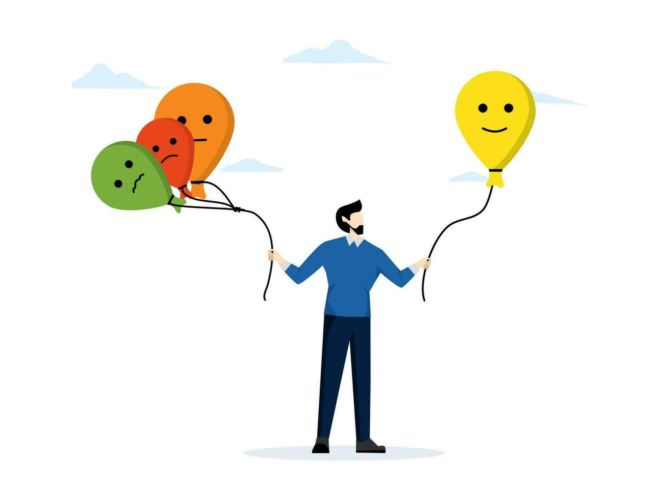 Fähigkeit zu verwalten ihr Emotionen. Emotion Verordnung und Verwaltung von Depression. emotional Steuerung und Selbstregulierung. ein Mann halten Luftballons mit Emotion Gesicht. eben Vektor Illustration.