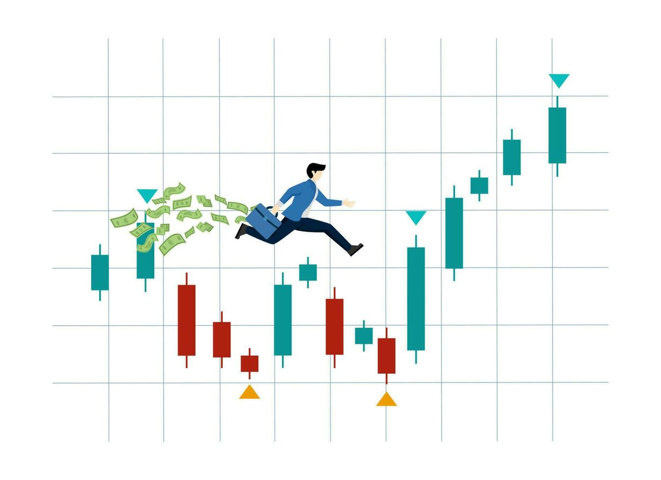 Sein Reich im Krypto handeln, Händler Wer sind berücksichtigt wie ein Ergebnis von Investition Handel Lager, Lager Markt Wachstum, Vertrauen im Investoren im das Stadt Center von Gepäck Geld Das läuft Reis Diagramme. vektor