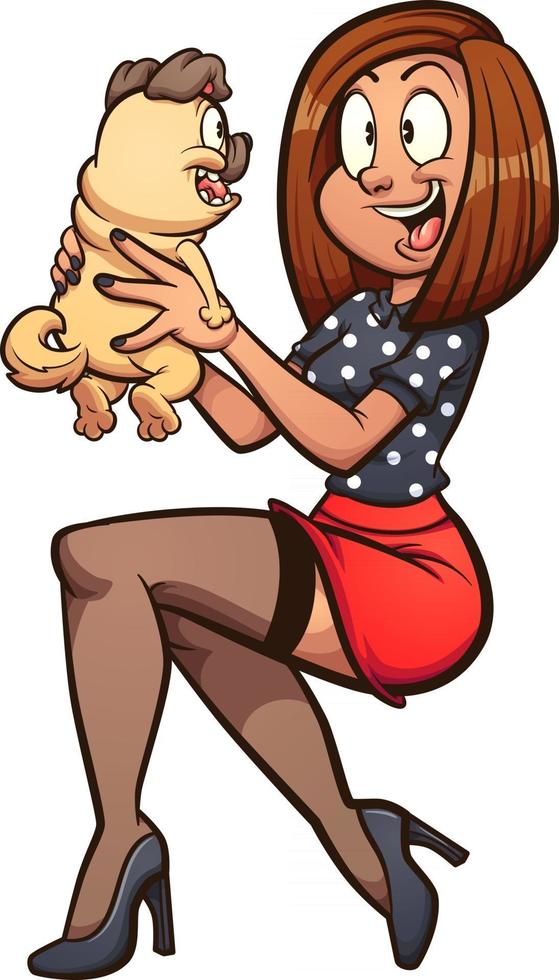 Pin-up-Girl hält einen Mops-Welpen hoch. Vektor-ClipArt-Illustration mit einfachen Verläufen. Einige Elemente auf separaten Ebenen. vektor