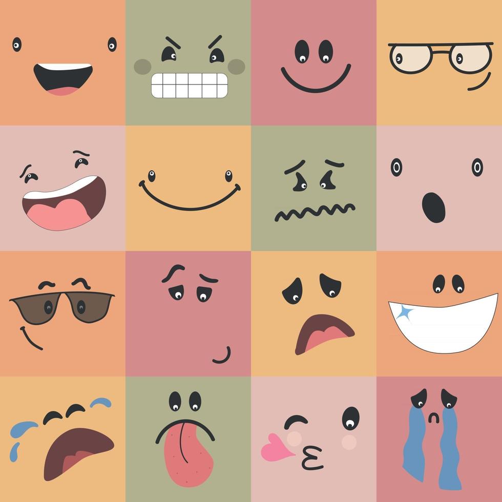 bunte abstrakte Emoticons setzen Comic-Gesichter mit verschiedenen Emotionen verschiedene bunte Charaktere Cartoon-Stil flaches Design Emoji Gesichter Emoticon Lächeln digitalen Smiley Ausdruck Emotion Gefühle Chat Messenger Cartoon Emotes vektor