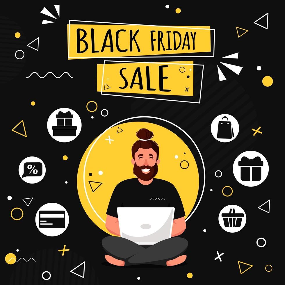 schwarzer Freitag Verkauf Banner Mann mit Laptop beim Online-Shopping vektor