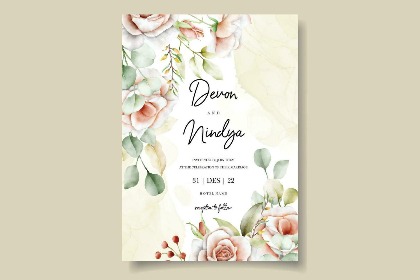bröllop inbjudan kort med skön vattenfärg ro dekoration vektor