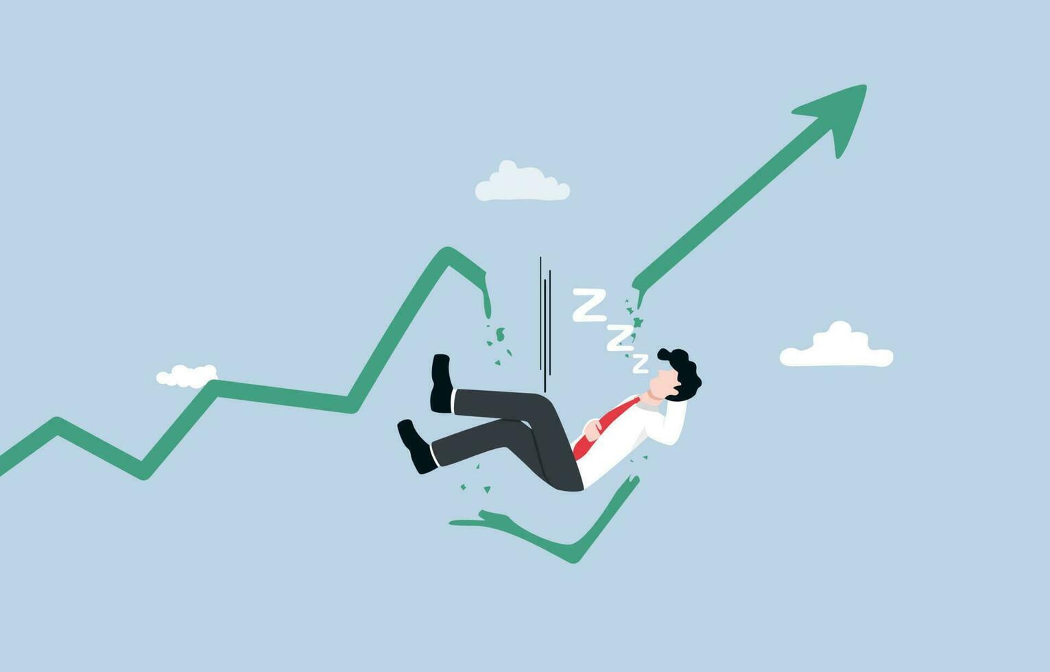 falsch Spekulation, fehlt Gelegenheit zu machen profitieren von Investition, Fehler im Lager Markt Analyse Konzept, leichtsinnig Geschäftsmann fallen Nieder von Graph während Schlafen. vektor