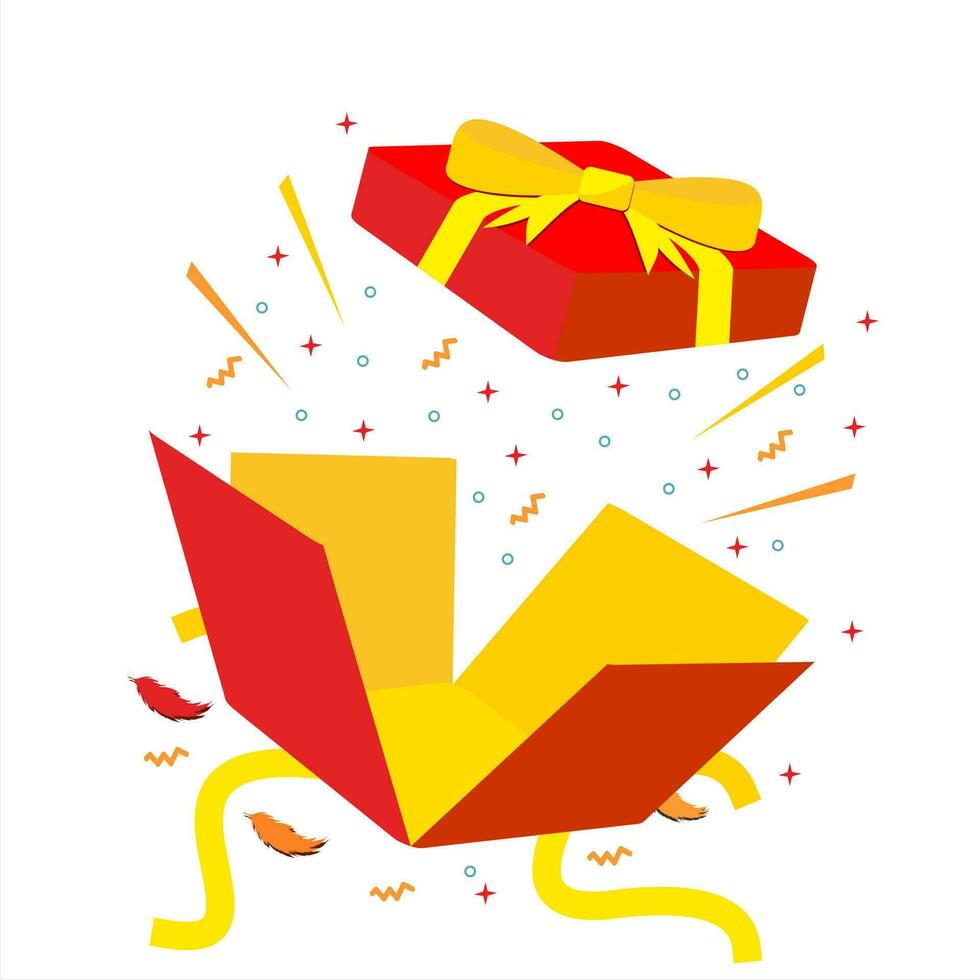 öffnen Geschenk Box Vektor Illustration mit Gelb Bogen und abstrakt Party dekorativ