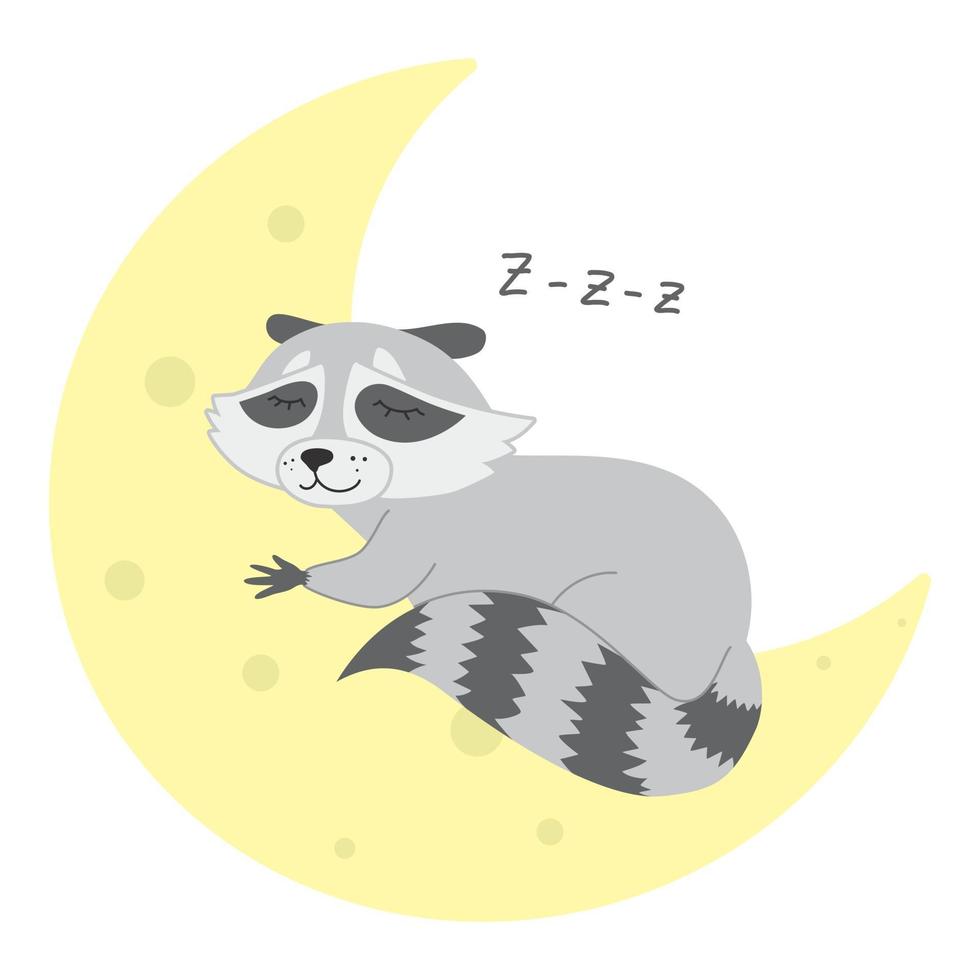 Schlafender Waschbär auf einem Mond niedlichen Babydruck isolierte Zeichentrickfigur vektor