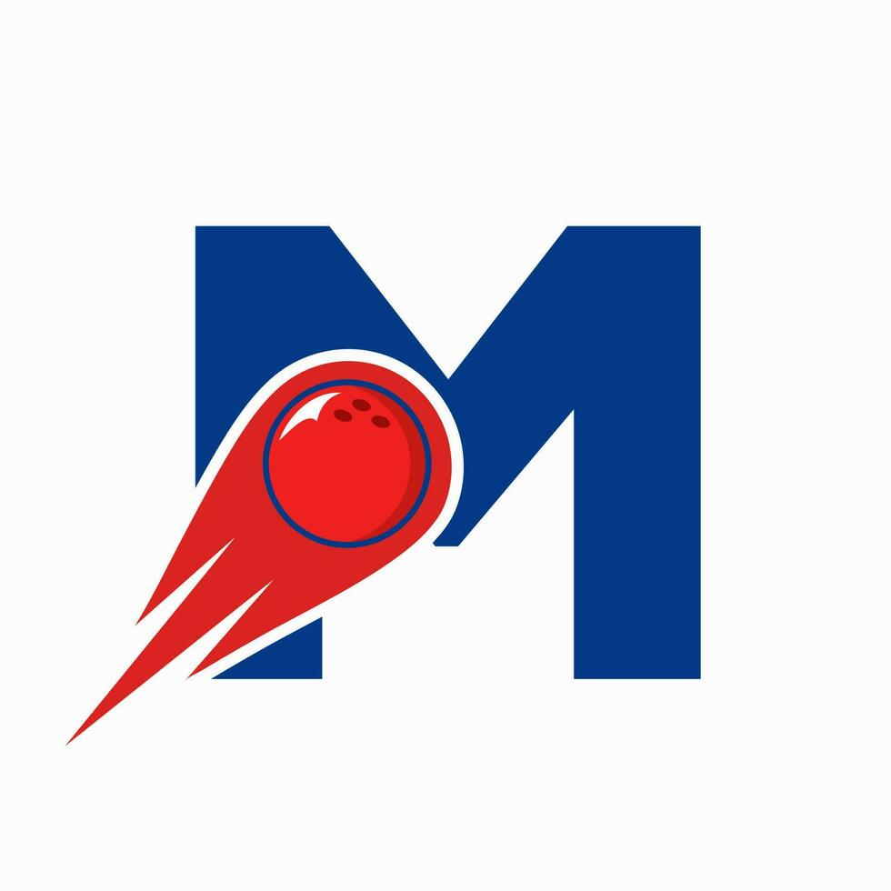 brev m bowling logotyp. bowling boll symbol med röd rör på sig boll ikon vektor