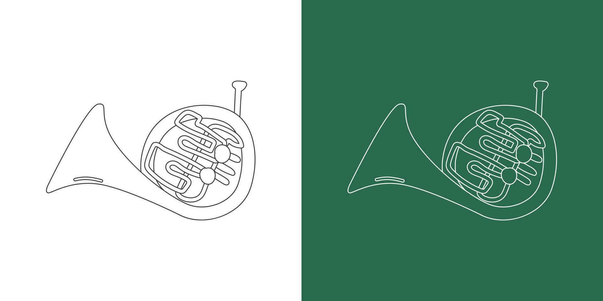 Französisch Horn Linie Zeichnung Karikatur Stil. Messing- Instrument Französisch Horn Clip Art Zeichnung im linear Stil isoliert auf Weiß und Tafel Hintergrund. Musical Wind Instrument Clip Art Konzept, Vektor Design