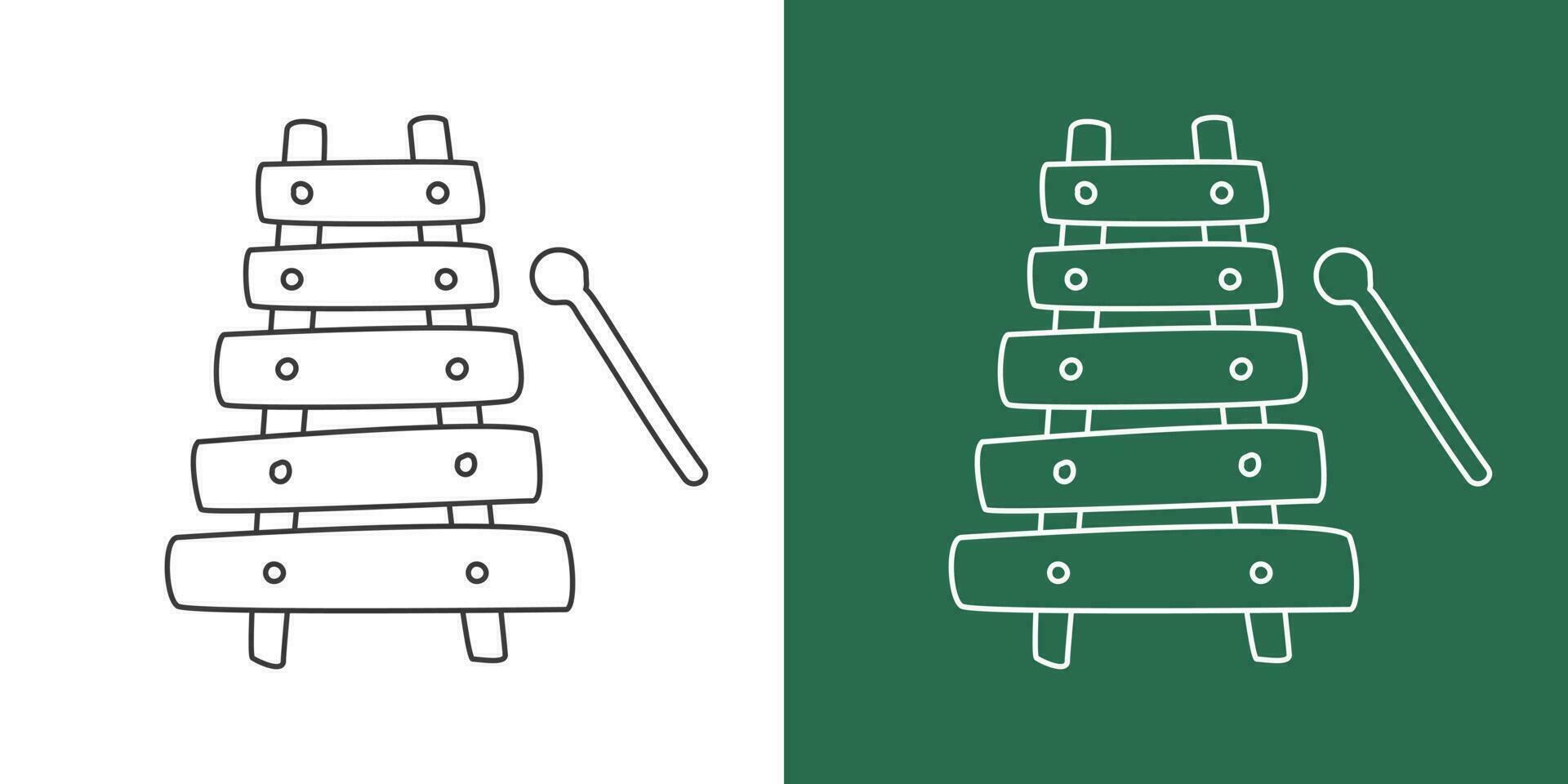 Xylophon Linie Zeichnung Karikatur Stil. Schlagzeug Instrument Xylophon Clip Art Zeichnung im linear Stil isoliert auf Weiß und Tafel Hintergrund. Musical Instrument Clip Art Konzept, Vektor Design