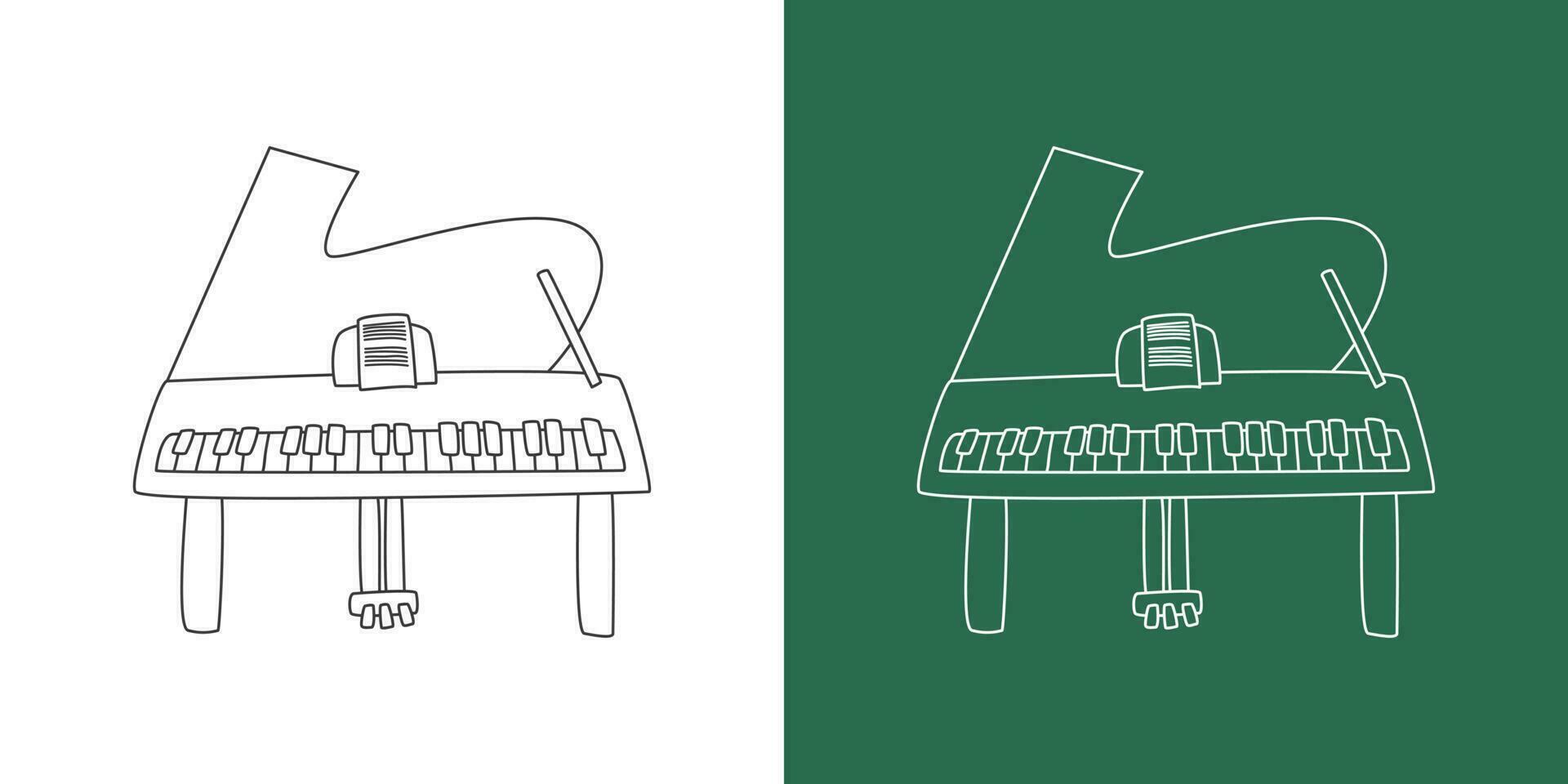 großartig Klavier Linie Zeichnung Karikatur Stil. Tastatur Instrument großartig Klavier Clip Art Zeichnung im linear Stil isoliert auf Weiß und Tafel Hintergrund. Musical Instrument Clip Art Konzept, Vektor Design