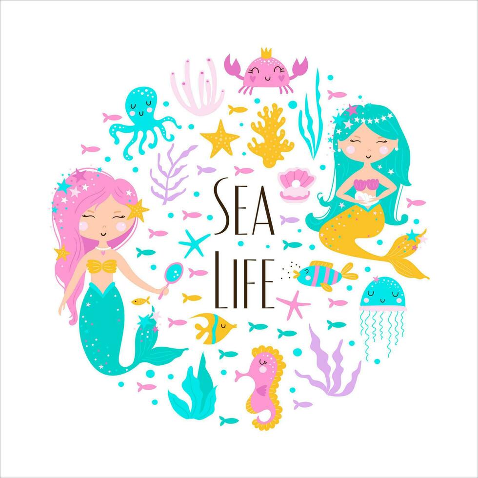 Meer Leben Karte mit Meerjungfrau, Blätter, Muscheln und Fisch. süß Vektor Illustration