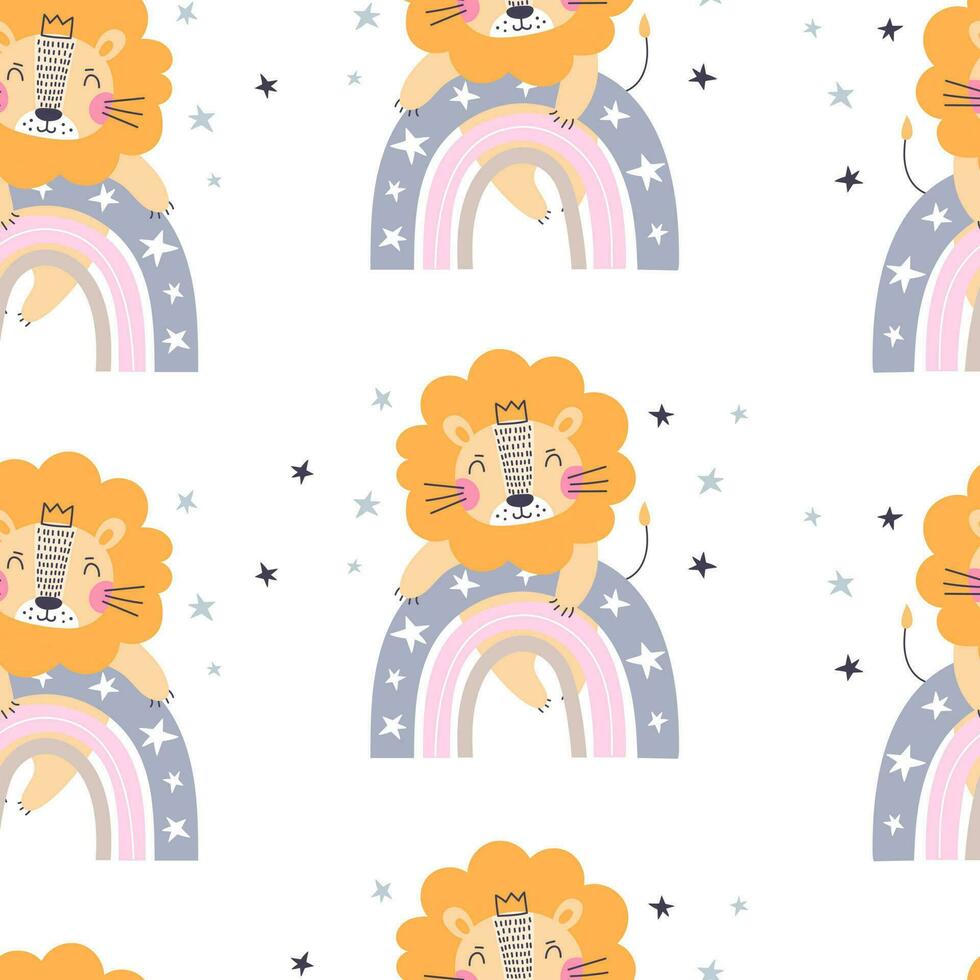 nahtlos Muster mit süß Löwe auf Regenbogen. Vektor Illustration.