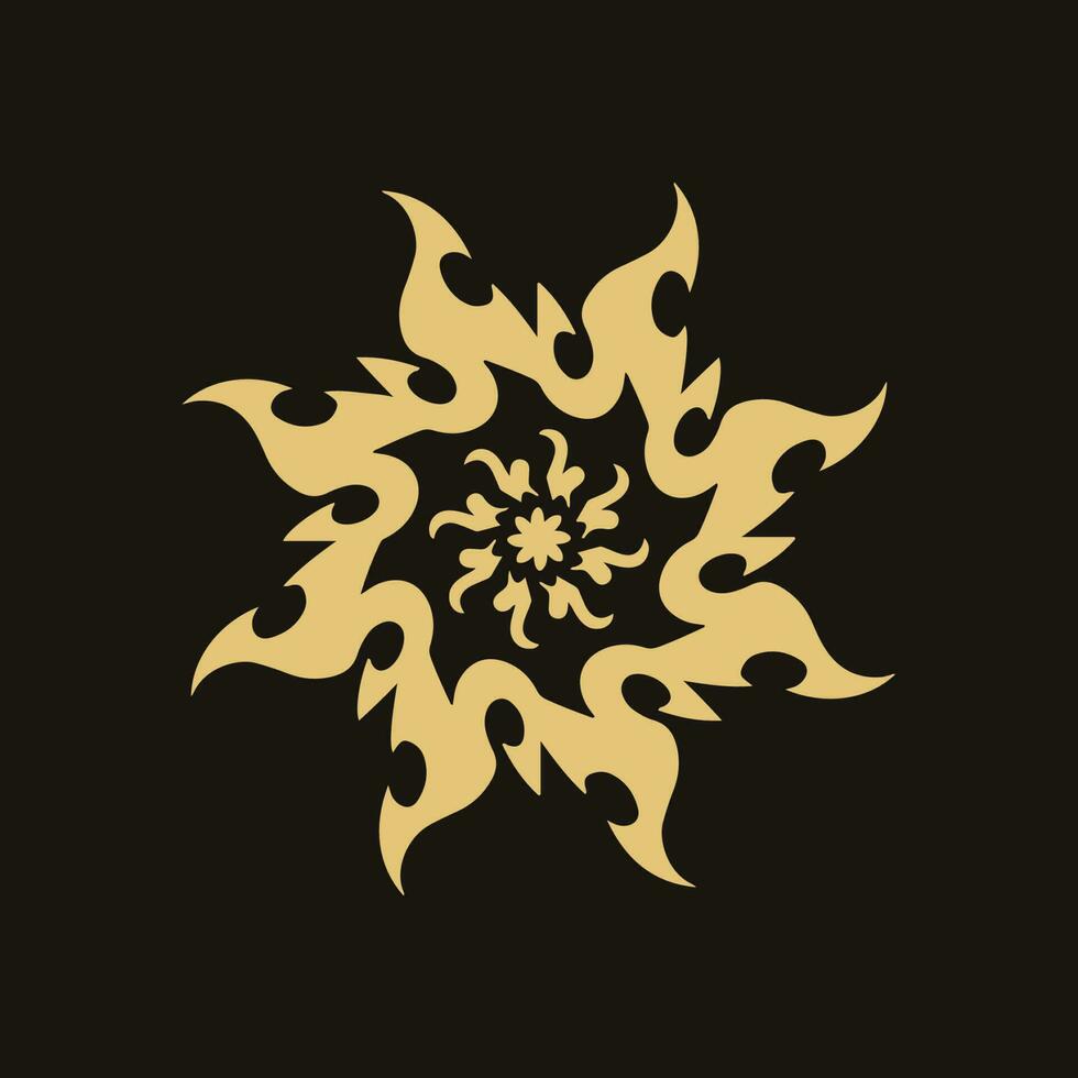 Gold Mandala Stammes- flammend Sonne Symbol Logo auf schwarz Hintergrund. Schablone Abziehbild tätowieren Design. eben Vektor Illustration.