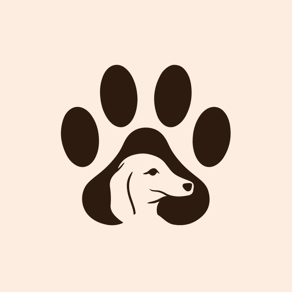 Haustier Geschäft Logo Design mit Hündchen im das Mitte von Hund Pfoten. Tier Schablone eben Vektor Illustration.