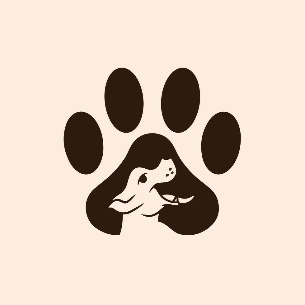 sällskapsdjur affär logotyp design med valp i de mitten av hund tassar. djur- stencil platt vektor illustration.
