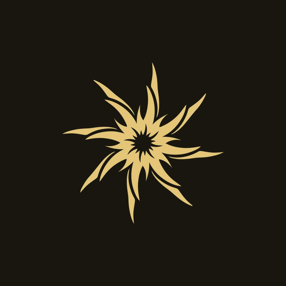 guld mandala stam- flammande Sol symbol logotyp på svart bakgrund. stencil dekal tatuering design. platt vektor illustration.