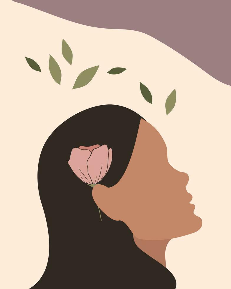 abstrakt kvinna profil med blomma. hand dragen kvinna ansikte silhuett med en rosa blomma i henne hår. minimal design. vektor konst