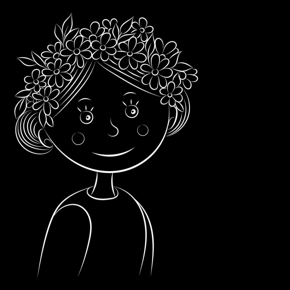 skiss porträtt av en tecknad serie flicka i en krans av blommor, vit bild på en svart bakgrund vektor
