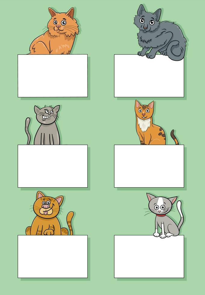 tecknad serie katter och kattungar med kort design uppsättning vektor