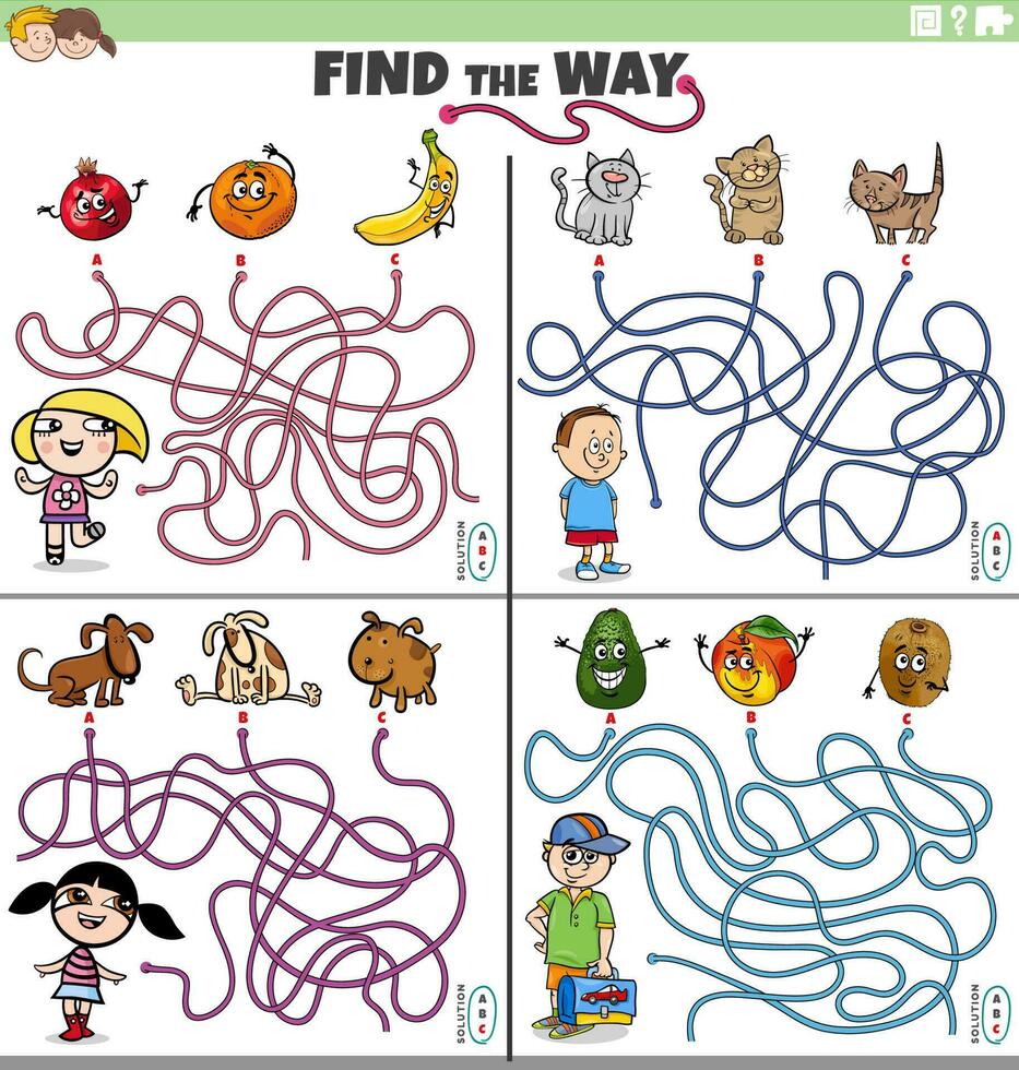 hitta de sätt labyrint spel uppsättning med tecknad serie barn med husdjur och frukt vektor