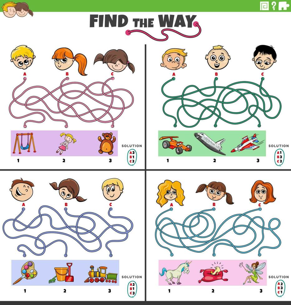 finden das Weg Matze Spiele einstellen mit Karikatur Kinder Zeichen vektor