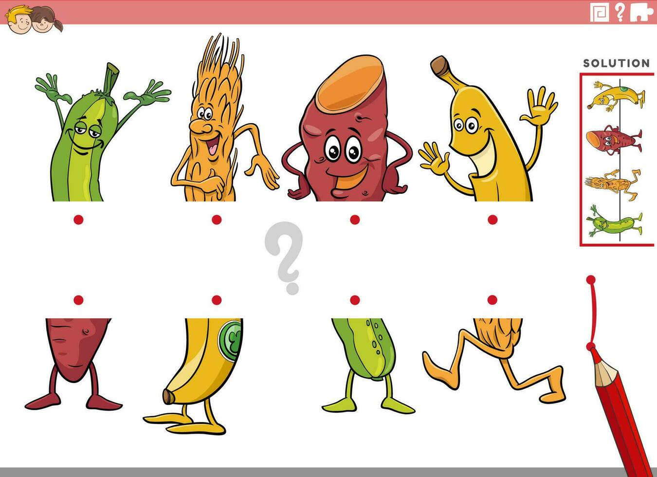 Spiel Hälften Spiel mit Karikatur Obst und Gemüse Bilder vektor