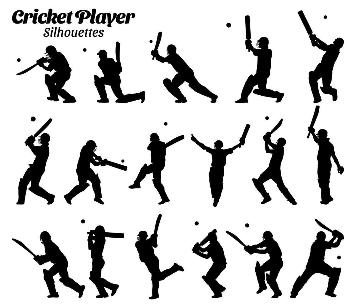 cricket spelare silhuetter vektor illustration uppsättning.