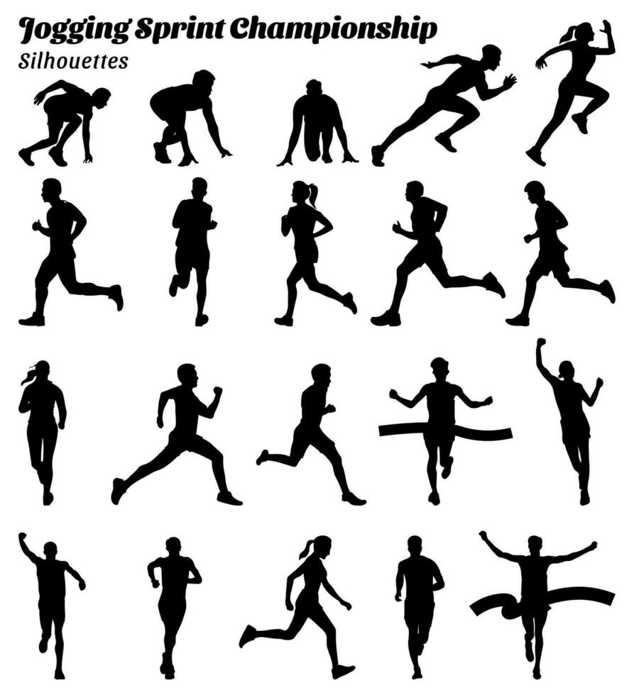 Erwachsene Meisterschaft Sport Sprint Joggen Silhouetten Vektor Illustration Satz.