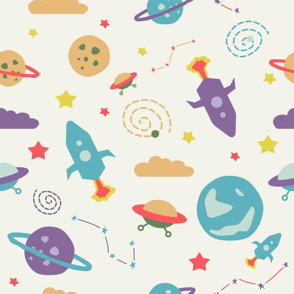 Rakete Raum Muster mit Geschlecht Palette Farbe zum Kinder. Vektor nahtlos Muster mit Raum Transporte, Sterne und Planeten