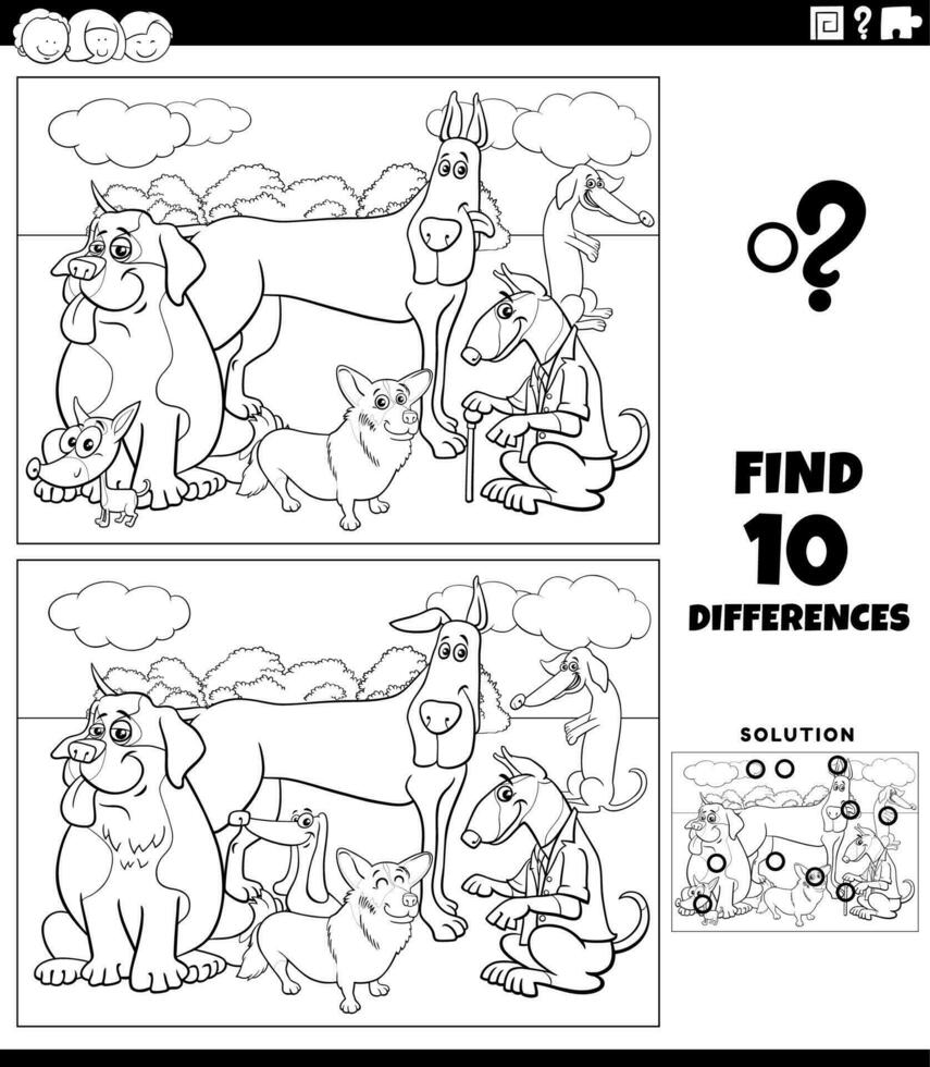 skillnader spel med tecknad serie hundar färg sida vektor