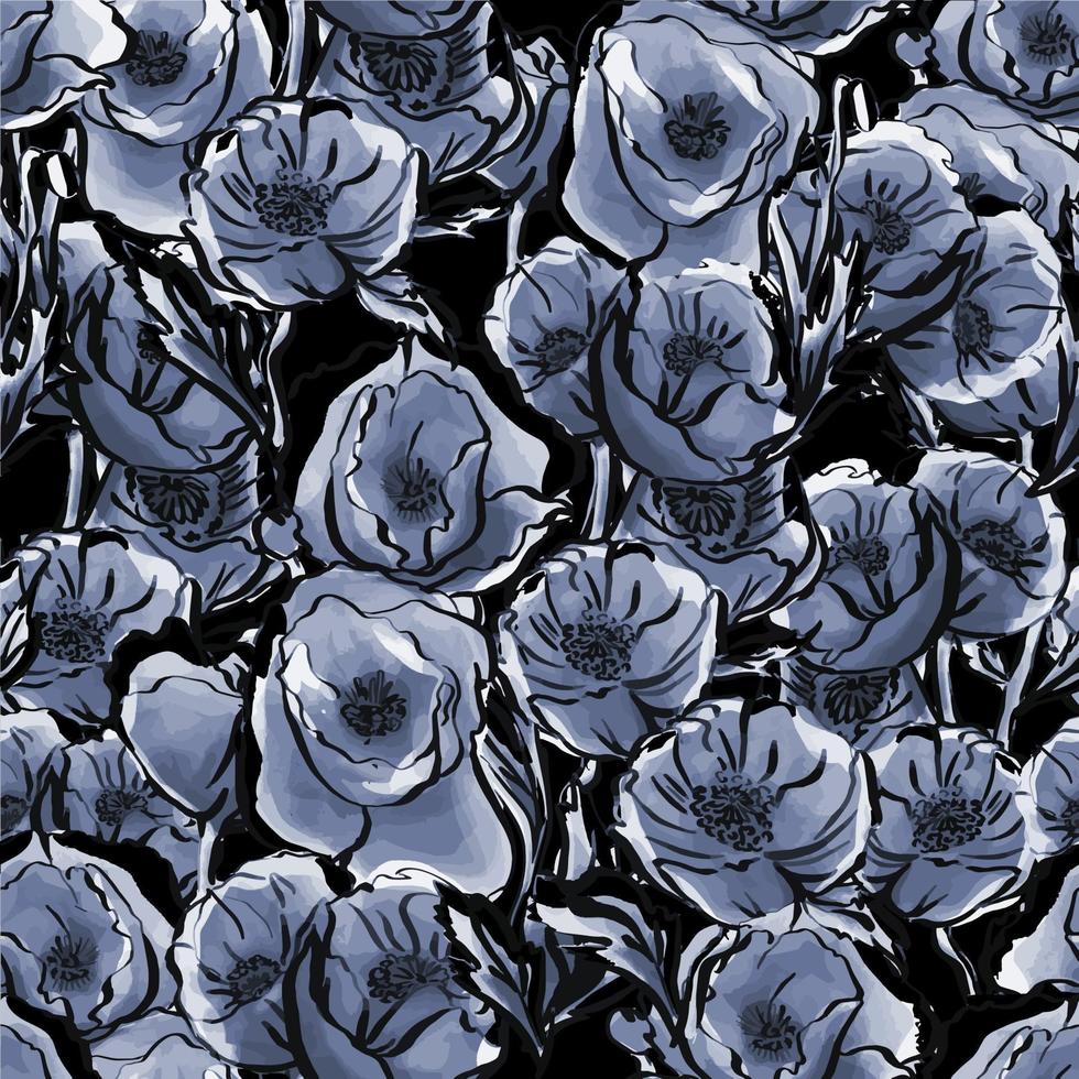 sömlösa mönster av akvarellblå blommor på en svart bakgrund. delikat och elegant botaniskt mönster. design för tryckning, textilier, tapeter, webb vektor