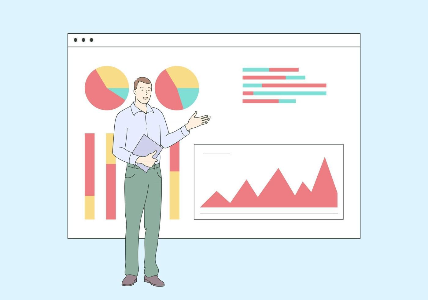 Zeichentrickfigur des jungen Geschäftsmannes, die Datenanalyse und -forschung tut vektor