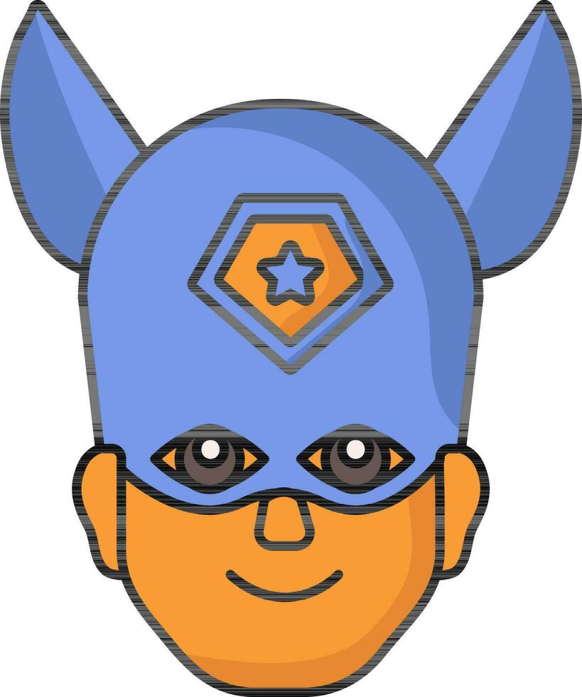 Superheld Horn Helm tragen Mann Gesicht Orange und Blau Symbol. vektor