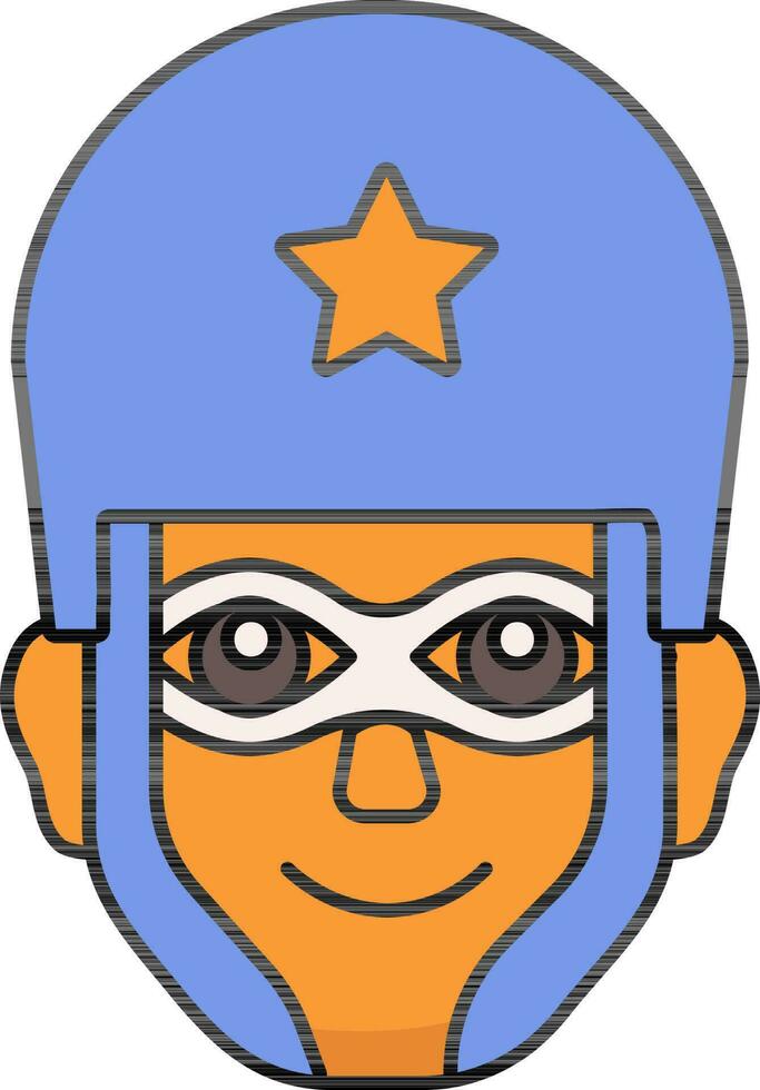 Orange und Blau Superheld Helm tragen Mann Gesicht eben Symbol oder Symbol. vektor