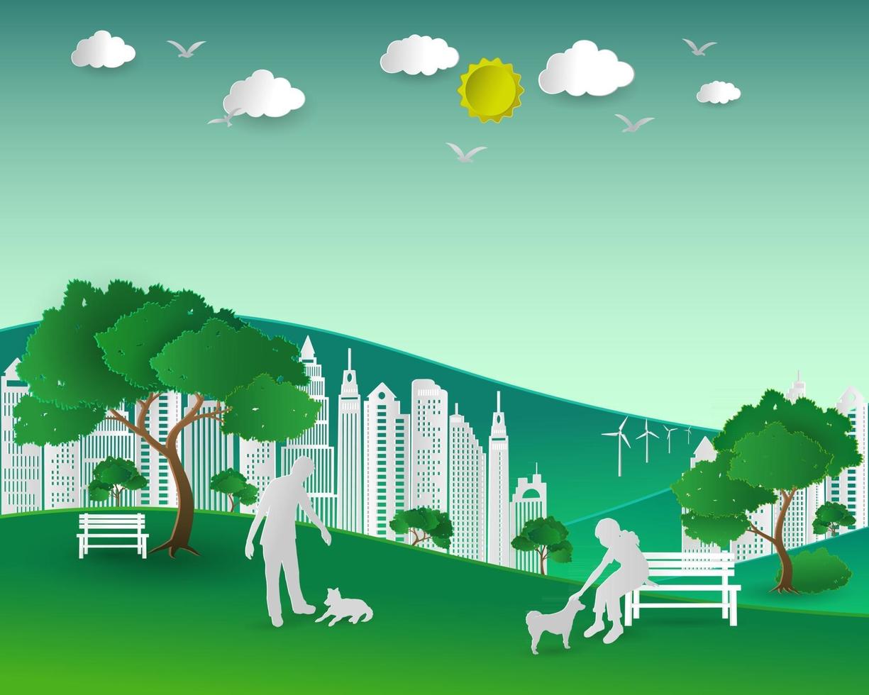 Konzept der Öko mit Natur und Gebäudepaar lieben Hunde glücklich im Stadtpark vektor
