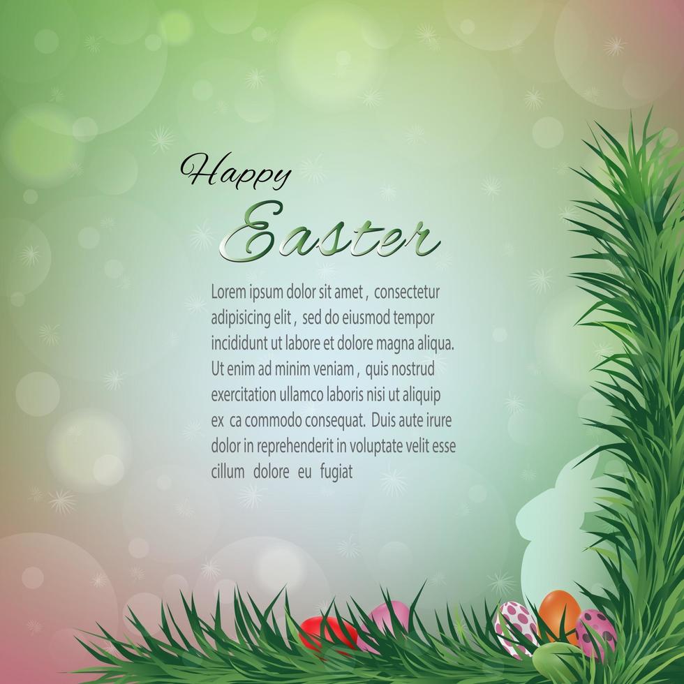 glad påsk gratulationskort färgglada bokeh bakgrund med kanin och ägg på gräs vektor