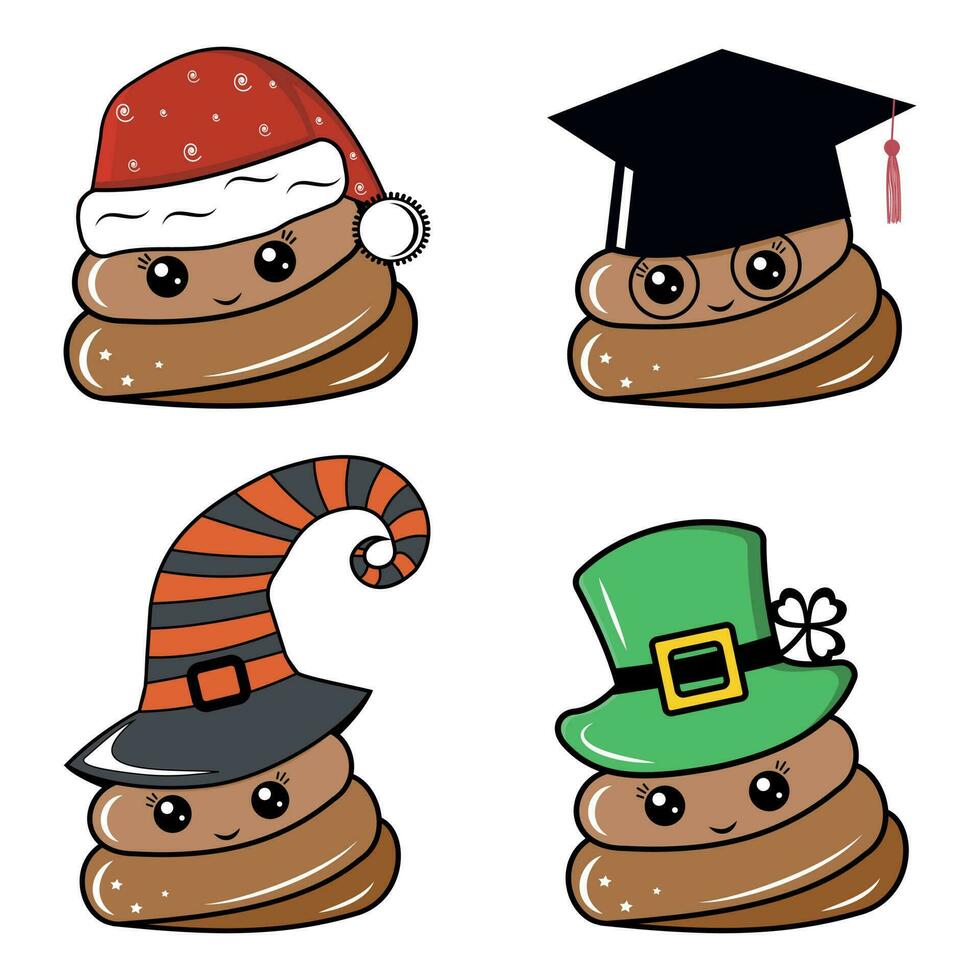 ein einstellen von Zeichen kawaii Poop Santa Klaus, st. Patrick, Absolvent Wissenschaftler, Halloween Hexe. Farbe Vektor Illustration im Karikatur Stil