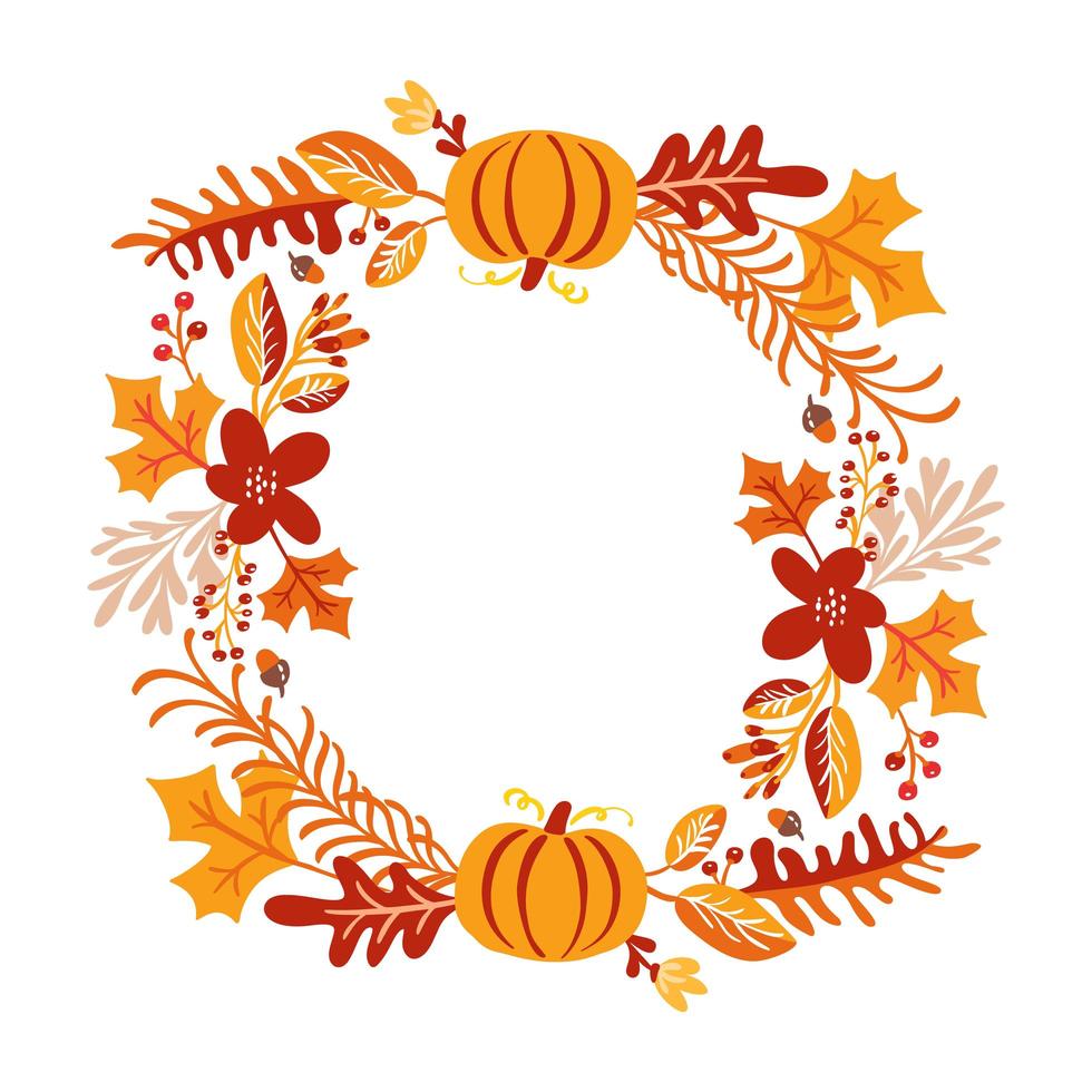 Vektorrahmen Herbststraußkranz. orange Blätter, Beeren und Kürbis lokalisiert auf weißem Hintergrund mit Platz für Text. Perfekt für saisonale Feiertage, Erntedankfest vektor