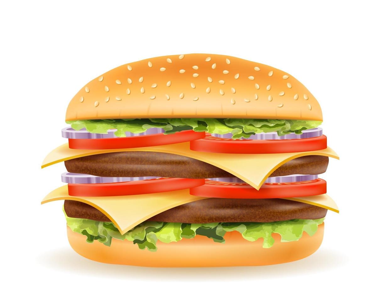 klassischer Hamburger mit Fleisch hacken Tomatenzwiebel und Käse in einer Brötchenvorrat-Vektorillustration lokalisiert auf weißem Hintergrund vektor