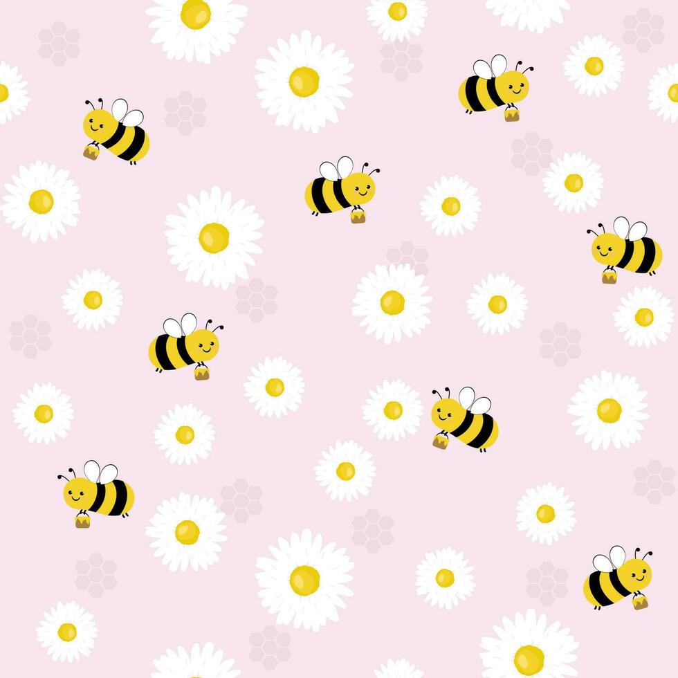 sömlös mönster med rolig bin, vit blommor och honung. tecknad serie bakgrund med naturlig element i tecknad serie stil. vektor