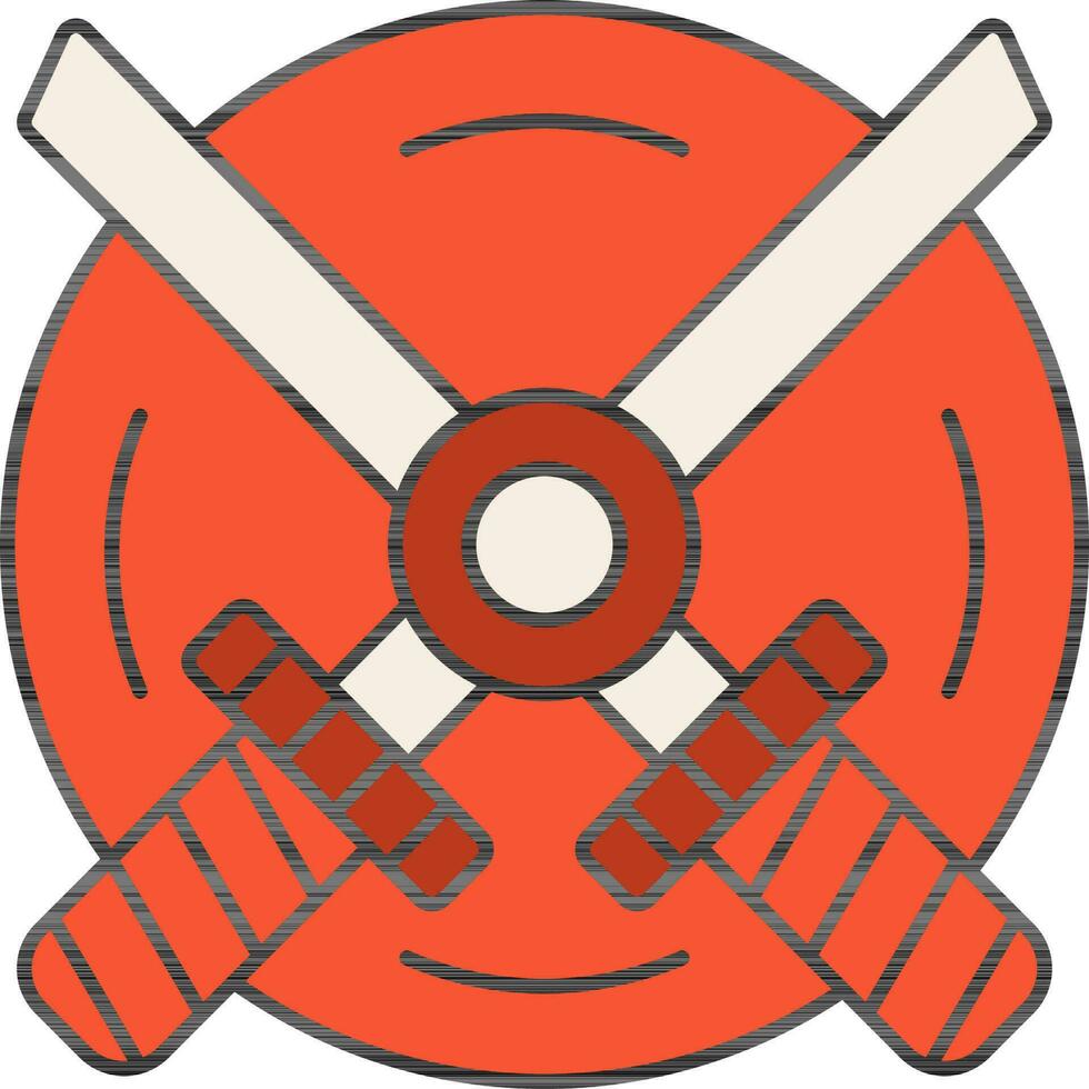 Kreuz Katana mit Schild Symbol im Orange und Weiß Farbe. vektor