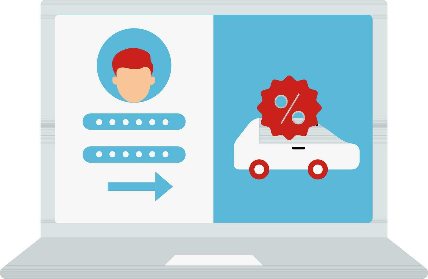 Benutzer Anmeldung Taxi Buchung oder Auto Einkaufen Webseite im Laptop Bildschirm rot und Blau Symbol. vektor