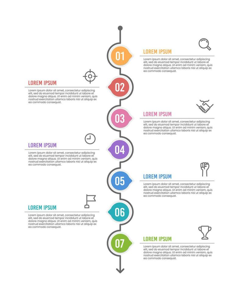 Infografiken Zeitleiste 7 Optionen oder Schritte. Arbeitsablauf Grundrisse, Diagramme, Nummer Optionen, und Netz Design. Vektor Illustration.