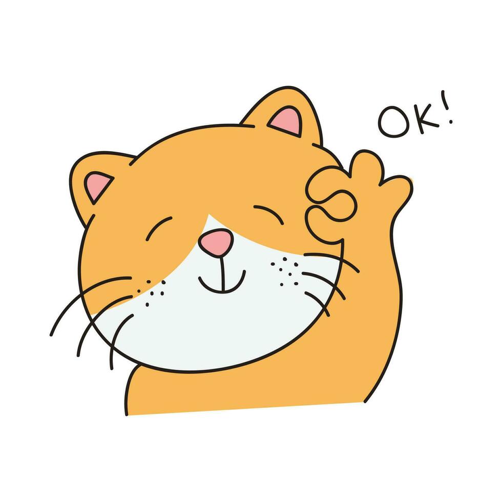 Hand gezeichnet süß Katze Aufkleber isoliert auf Weiß Hintergrund. süß Orange Katze Illustration. süß Katze Kätzchen, Kätzchen, kawaii, Chibi Stil, Emoji, Charakter, Aufkleber, Emoticon, lächeln, Emotion, Maskottchen. vektor
