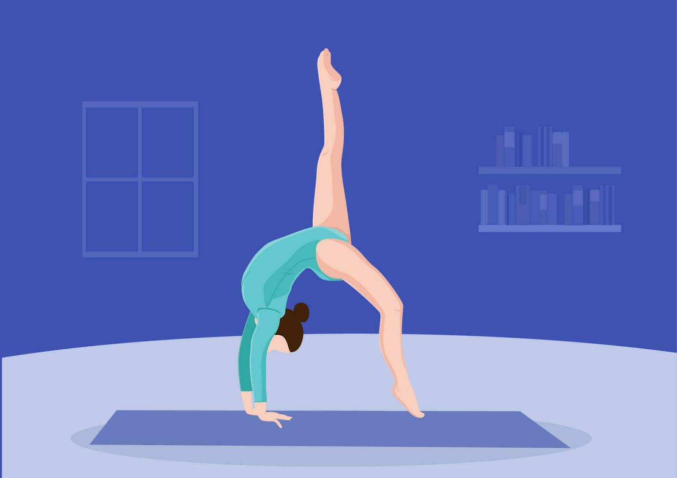 ung kvinna praktiserande yoga, mediterar och stretching på de matta kvinna karaktär praktiserande på Hem platt vektor illustration.