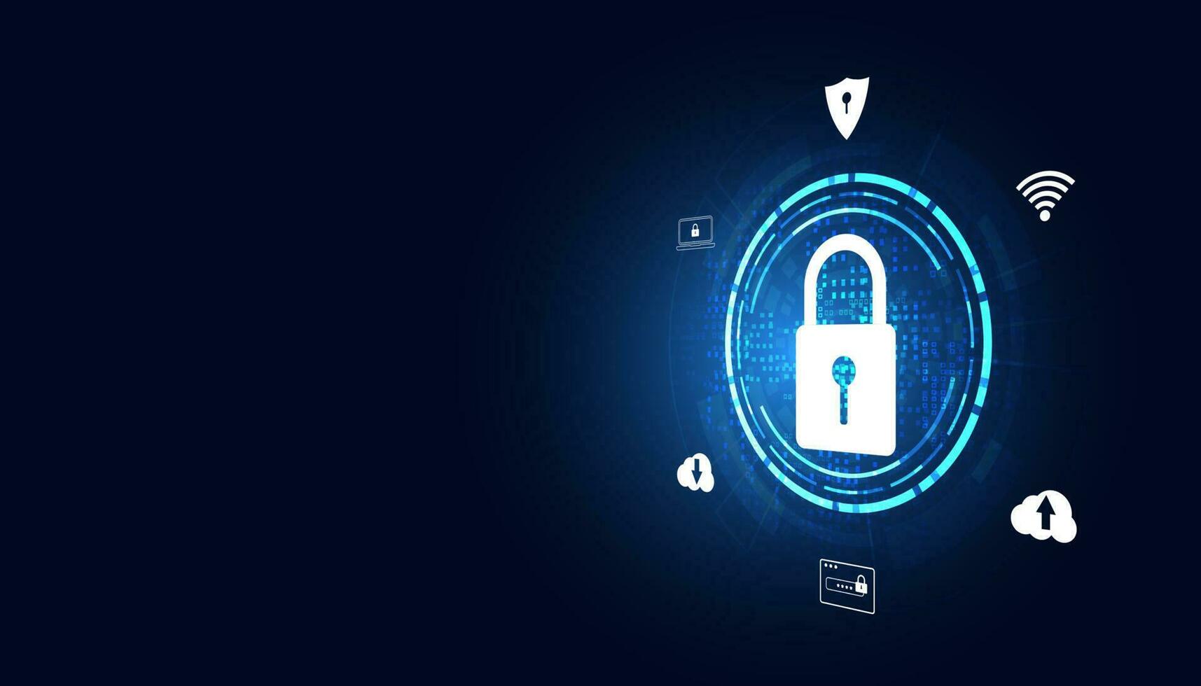 abstrakt Vorhängeschloss Digital Schaltkreis Tafel und Symbole Konzept Cyber Diebstahl Schutz Cyber Sicherheit auf ein modern Blau Hintergrund vektor